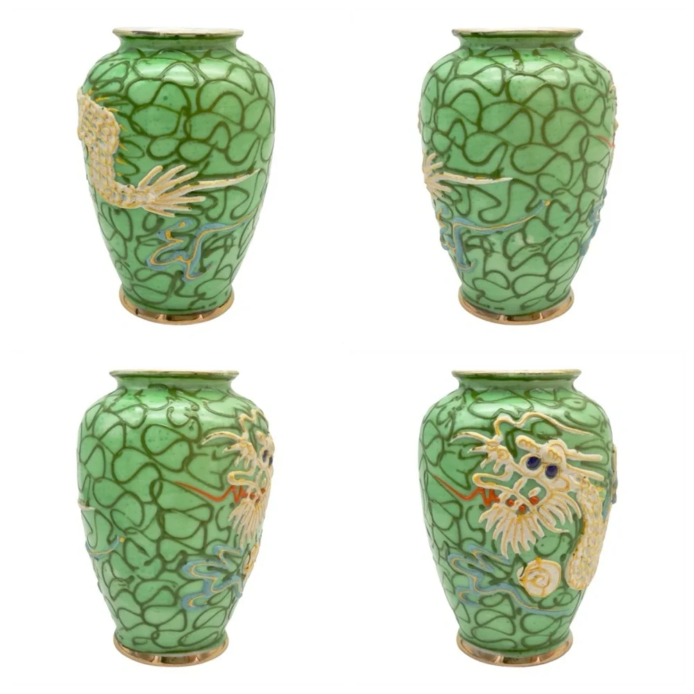 Vintage Moriage Dragonware Vases Pair Japan Green Spaghetti Slip Blue Set of 2 - Picture 9 of 10
